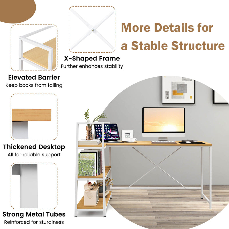 Reversible L Shaped Computer Corner Workstation with 3-Tier Open Shelf-Natural