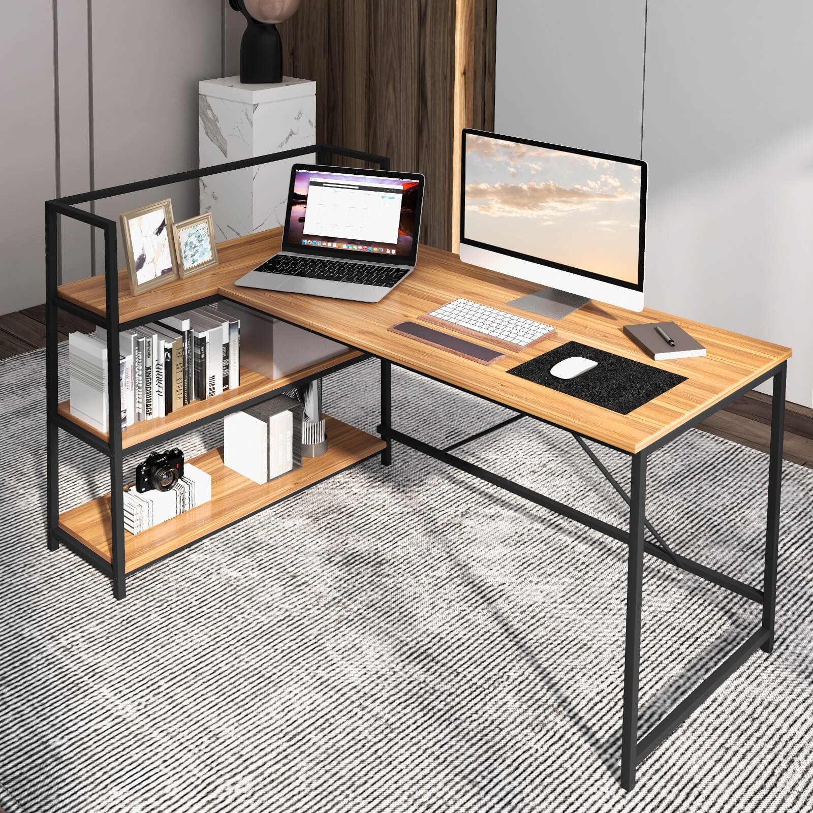 Reversible L Shaped Computer Corner Workstation with 3-Tier Open Shelf