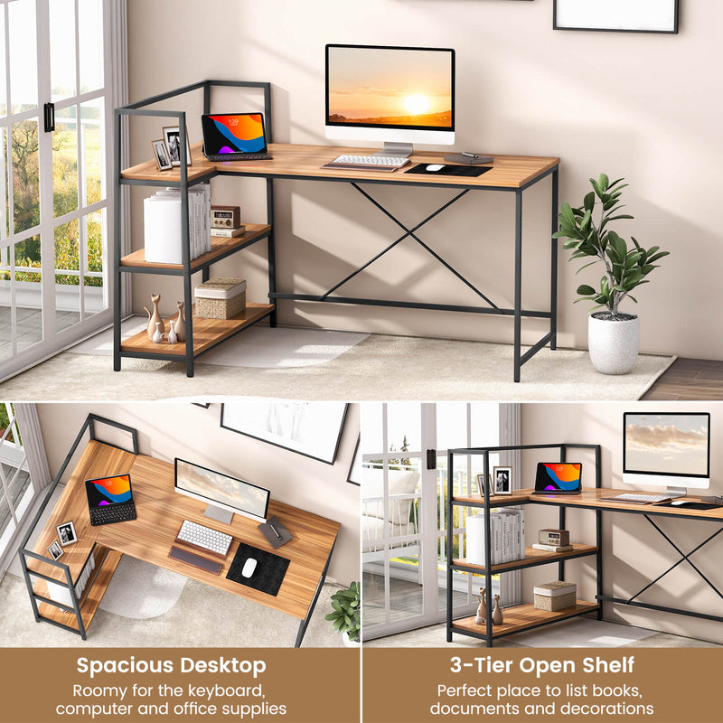 Reversible L Shaped Computer Corner Workstation with 3-Tier Open Shelf-Walnut