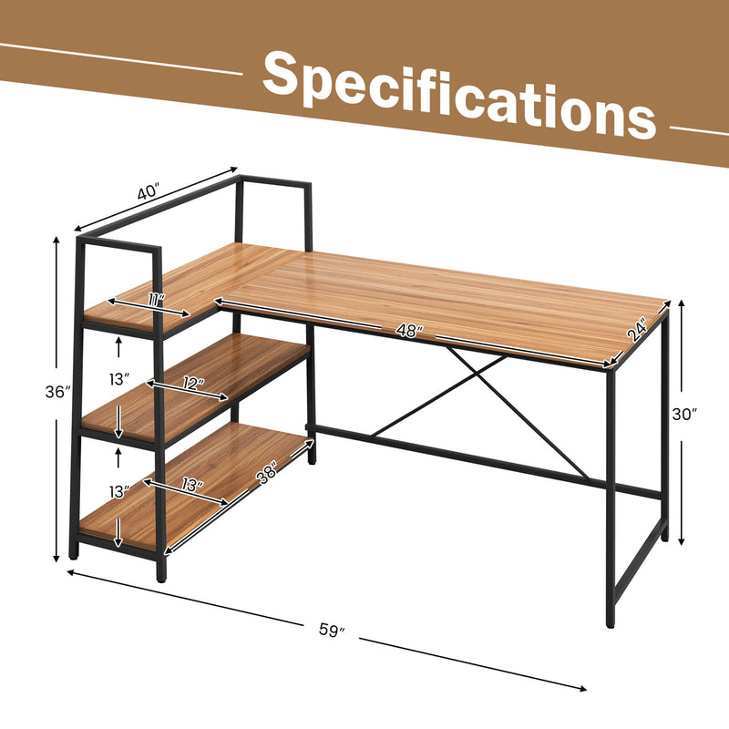 Reversible L Shaped Computer Corner Workstation with 3-Tier Open Shelf-Walnut