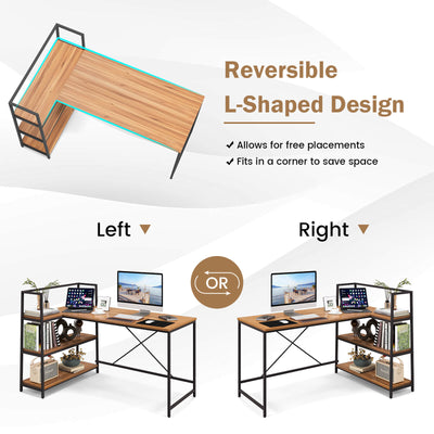 Reversible L Shaped Computer Corner Workstation with 3-Tier Open Shelf-Walnut