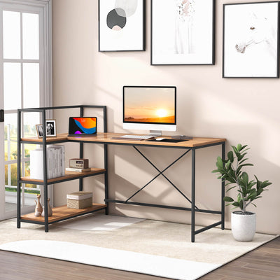 Reversible L Shaped Computer Corner Workstation with 3-Tier Open Shelf-Walnut