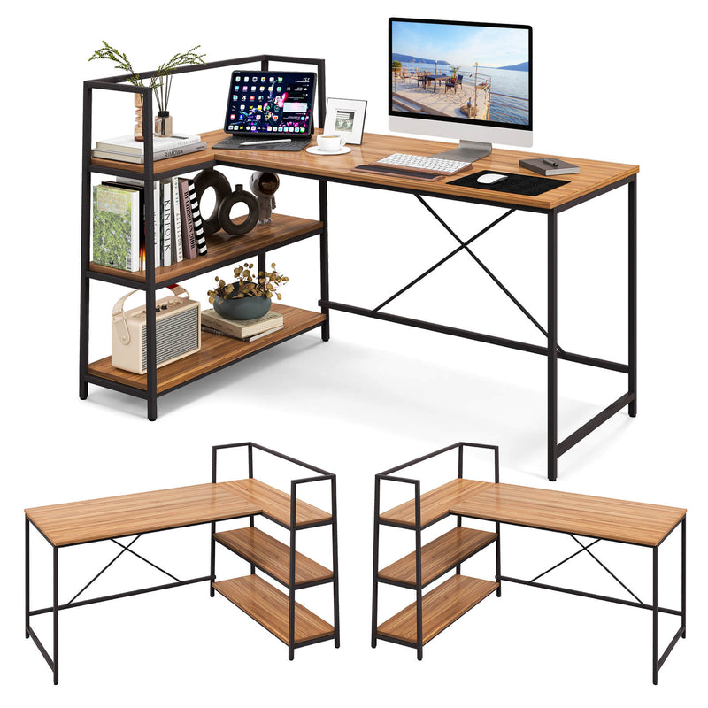 Reversible L Shaped Computer Corner Workstation with 3-Tier Open Shelf-Walnut