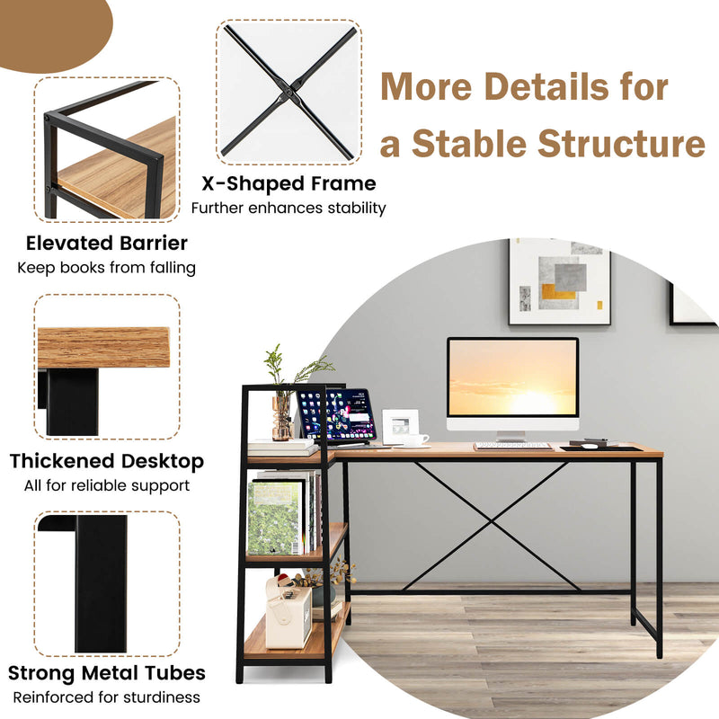 Reversible L Shaped Computer Corner Workstation with 3-Tier Open Shelf-Walnut