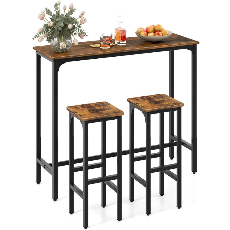 3 Pieces Industrial Bar Table and Chairs Set with Metal Frame-Rustic Brown