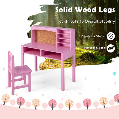 Kids Desk and Chair Set with Hutch and Bulletin Board for 3+ Kids-Pink