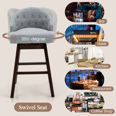 Set of 2 Swivel Bar Stools with Rubber Wood Legs and Padded Back-Gray