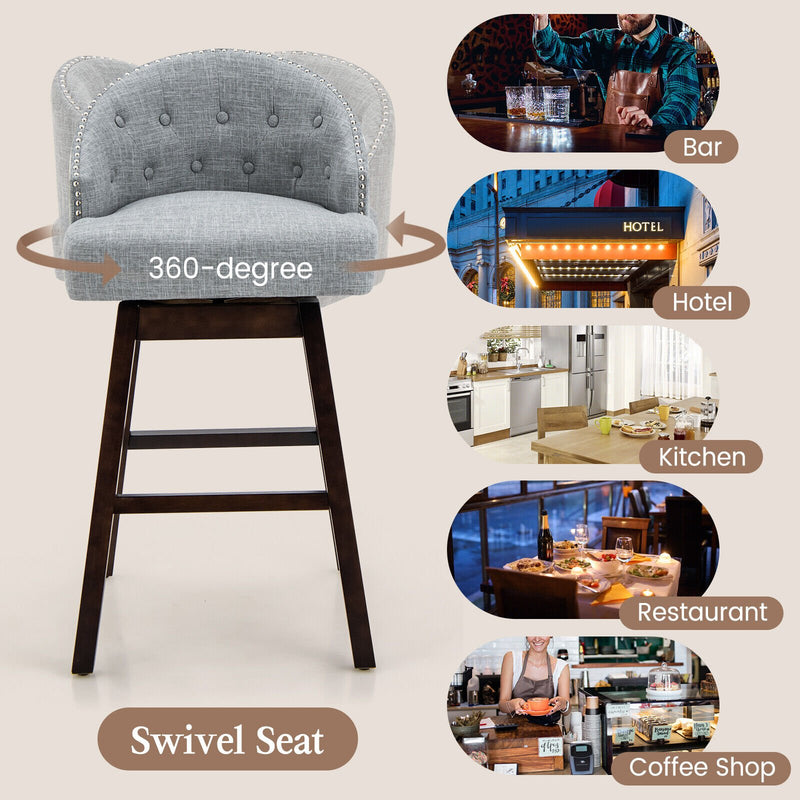 Set of 2 Swivel Bar Stools with Rubber Wood Legs and Padded Back-Gray