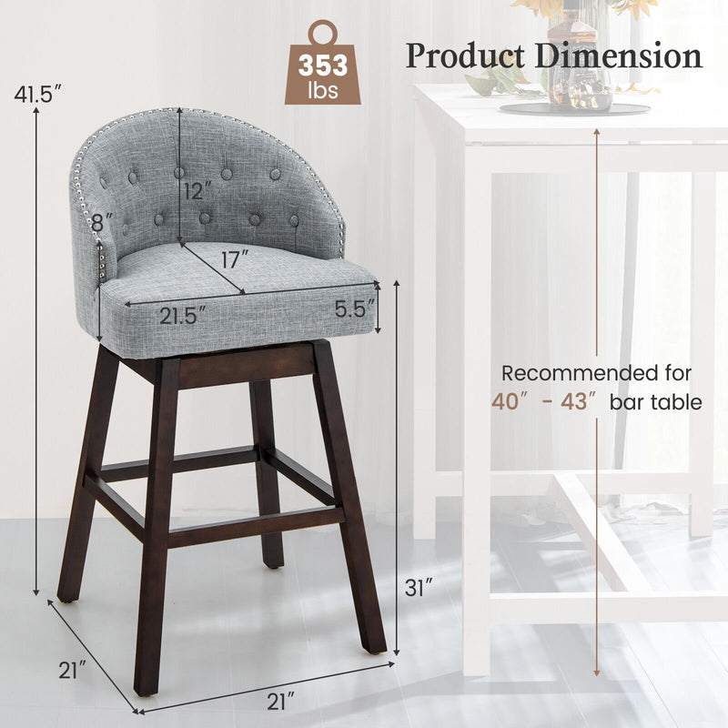 Set of 2 Swivel Bar Stools with Rubber Wood Legs and Padded Back-Gray