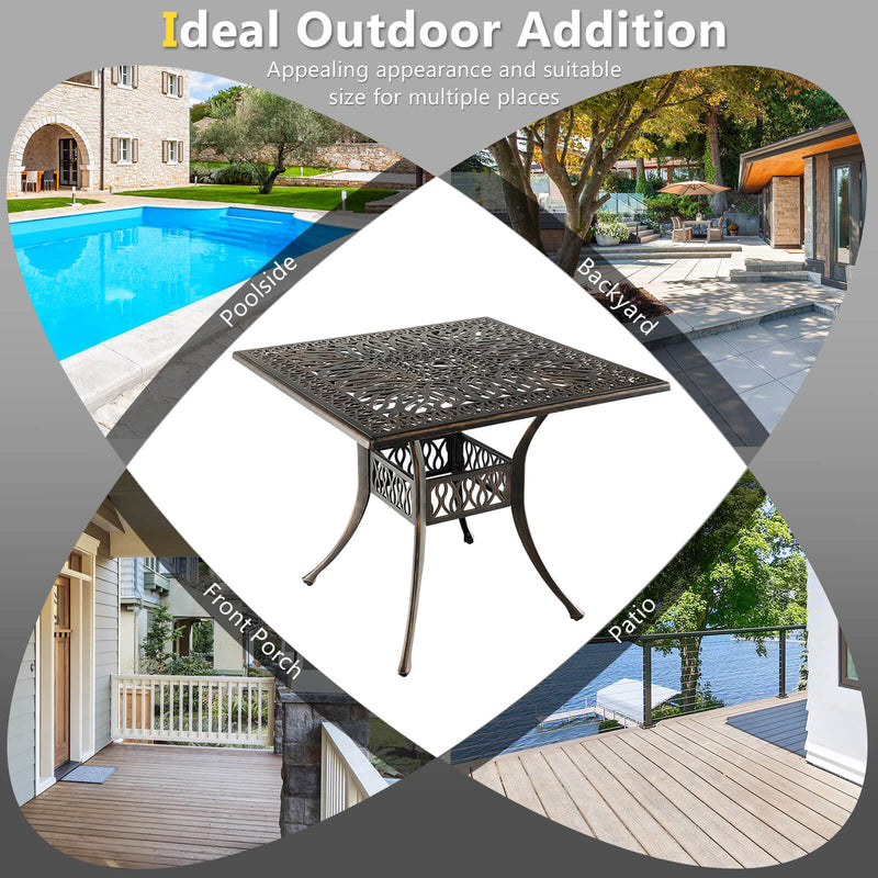35.4 Inch Aluminum Patio Square Dining Table with Umbrella Hole-Bronze
