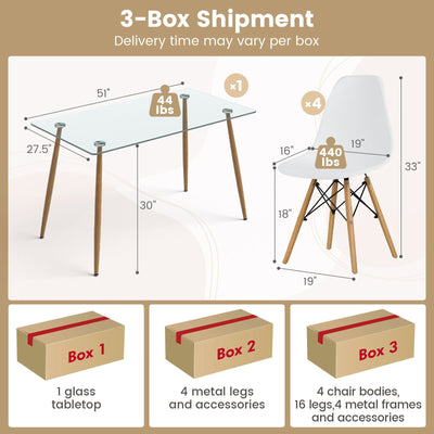5 Pieces Rectangle Dining Table Set with 51 Inch Glass Tabletop-White