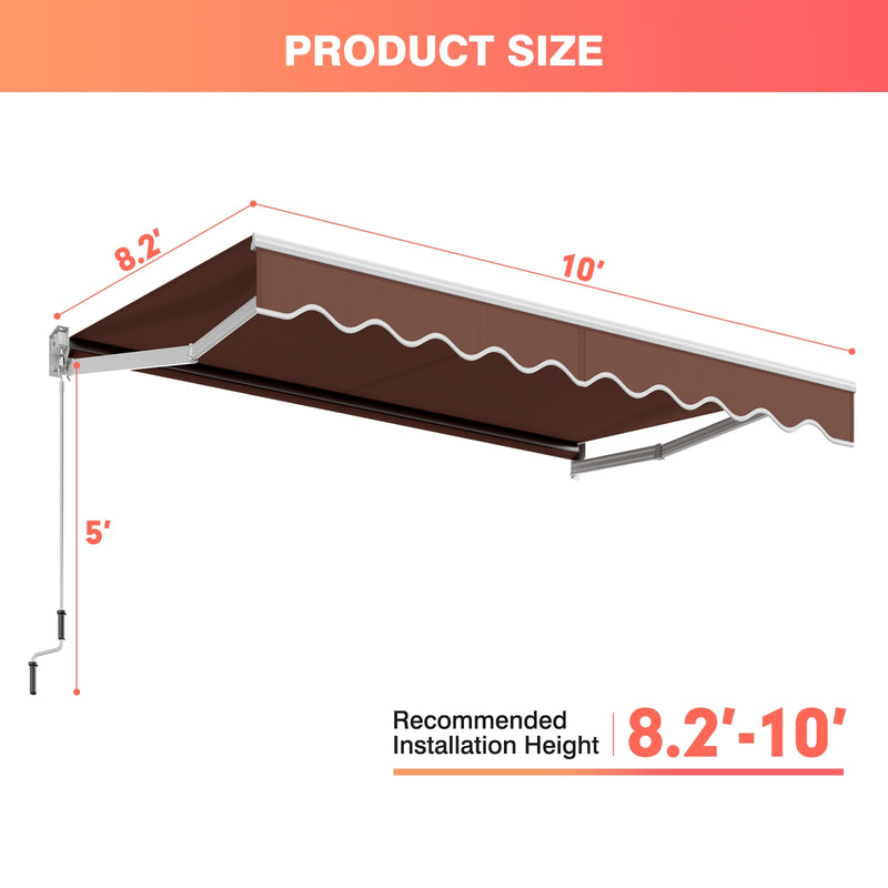 10 x 8.2 Feet Retractable Awning with Easy Opening Manual Crank Handle-Brown