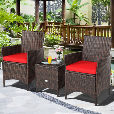 3Pcs Patio Rattan Furniture Set Cushioned Sofa and Glass Tabletop Deck-Red