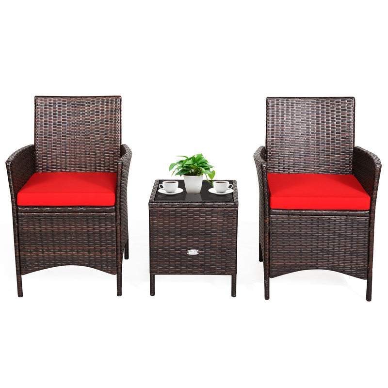 3Pcs Patio Rattan Furniture Set Cushioned Sofa and Glass Tabletop Deck-Red