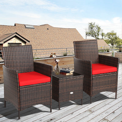 3Pcs Patio Rattan Furniture Set Cushioned Sofa and Glass Tabletop Deck-Red
