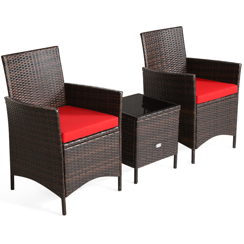 3Pcs Patio Rattan Furniture Set Cushioned Sofa and Glass Tabletop Deck-Red