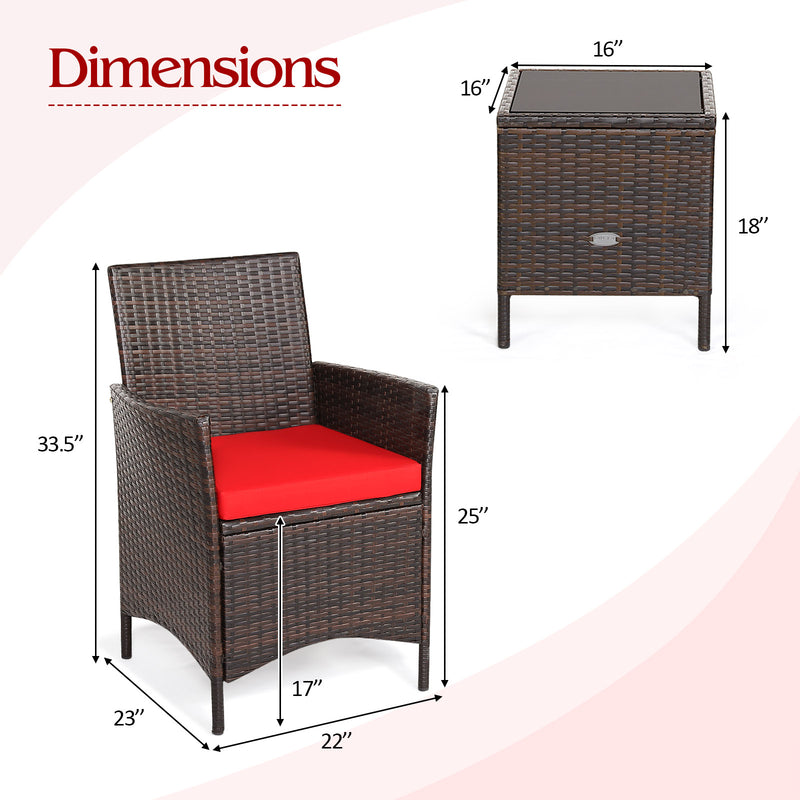 3Pcs Patio Rattan Furniture Set Cushioned Sofa and Glass Tabletop Deck-Red