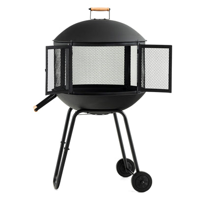 *28 Inch Portable Fire Pit on Wheels with Log Grate - Black