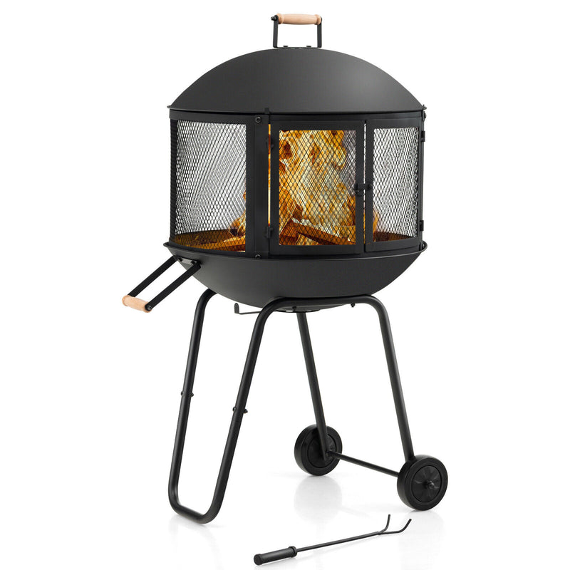 *28 Inch Portable Fire Pit on Wheels with Log Grate - Black