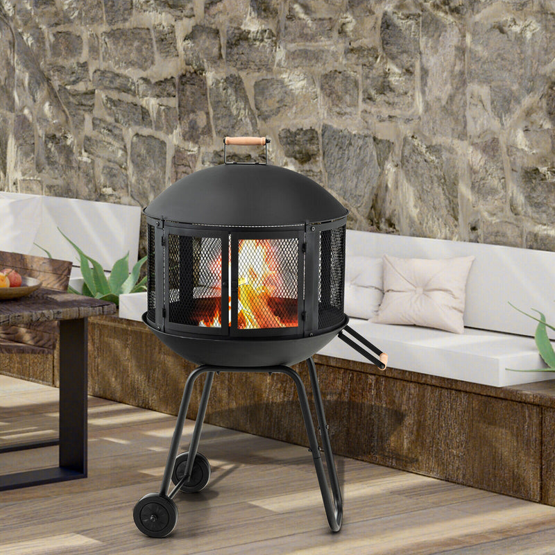 *28 Inch Portable Fire Pit on Wheels with Log Grate - Black