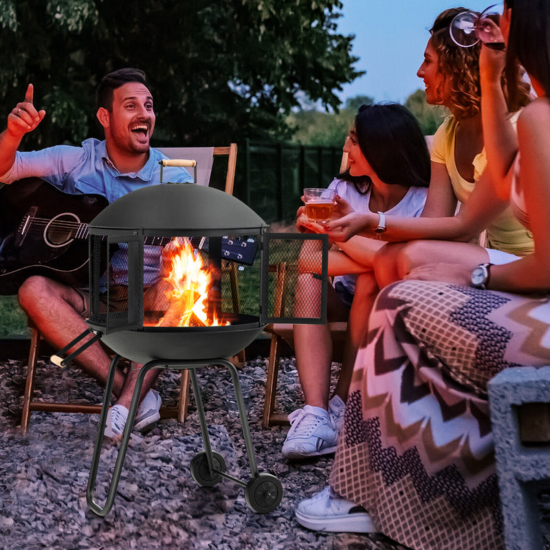 *28 Inch Portable Fire Pit on Wheels with Log Grate - Black