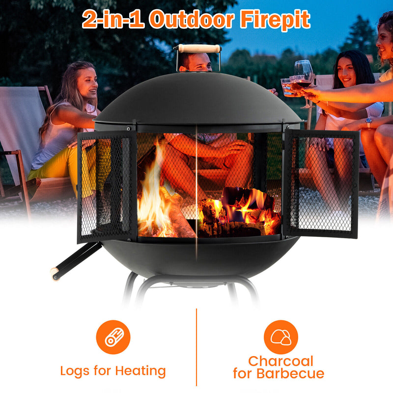 *28 Inch Portable Fire Pit on Wheels with Log Grate - Black