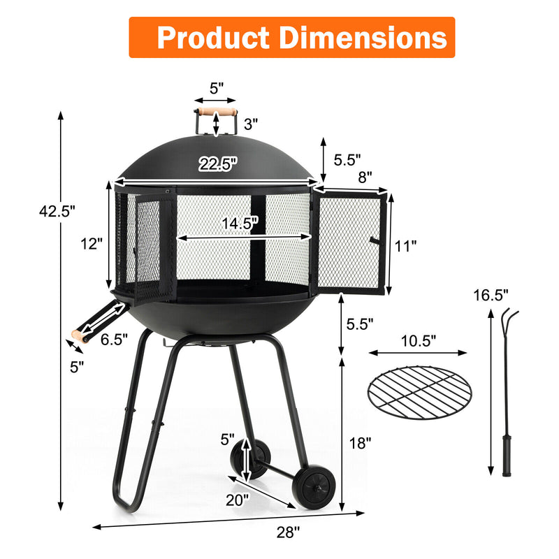 *28 Inch Portable Fire Pit on Wheels with Log Grate - Black