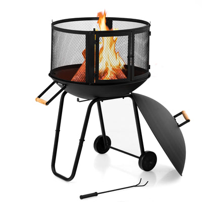 *28 Inch Portable Fire Pit on Wheels with Log Grate - Black
