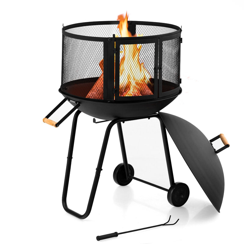 *28 Inch Portable Fire Pit on Wheels with Log Grate - Black