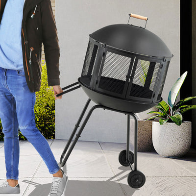 *28 Inch Portable Fire Pit on Wheels with Log Grate - Black