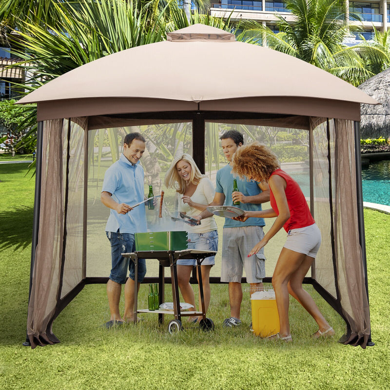 10 X 10 Feet Patio Double-Vent Gazebo with Privacy Netting and 4 Sandbags-Gray