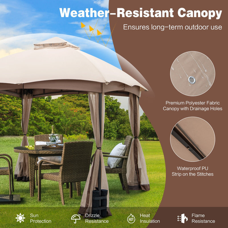 10 X 10 Feet Patio Double-Vent Gazebo with Privacy Netting and 4 Sandbags-Gray