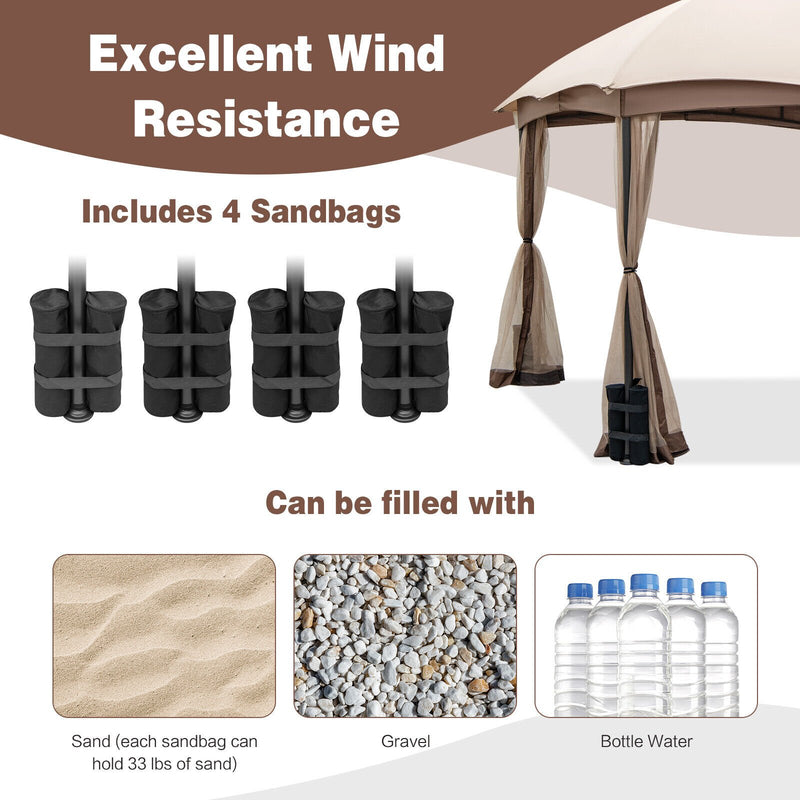 10 X 10 Feet Patio Double-Vent Gazebo with Privacy Netting and 4 Sandbags-Gray