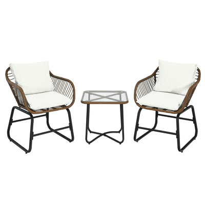 3 Pieces Patio Rattan Bistro Set with Cushions and Glass Table-White