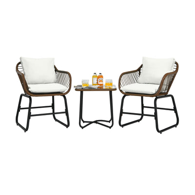 3 Pieces Patio Rattan Bistro Set with Cushions and Glass Table-White