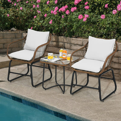 3 Pieces Patio Rattan Bistro Set with Cushions and Glass Table-White