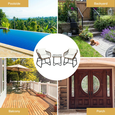 3 Pieces Patio Rattan Bistro Set with Cushions and Glass Table-White