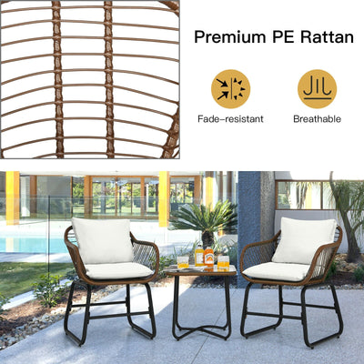 3 Pieces Patio Rattan Bistro Set with Cushions and Glass Table-White