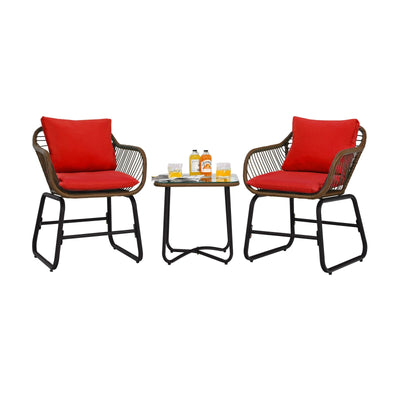 3 Pieces Patio Rattan Bistro Set with Cushions and Glass Table-Red