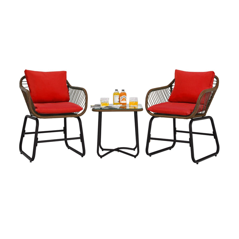 3 Pieces Patio Rattan Bistro Set with Cushions and Glass Table-Red