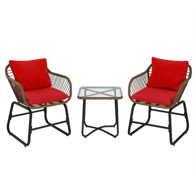 3 Pieces Patio Rattan Bistro Set with Cushions and Glass Table-Red