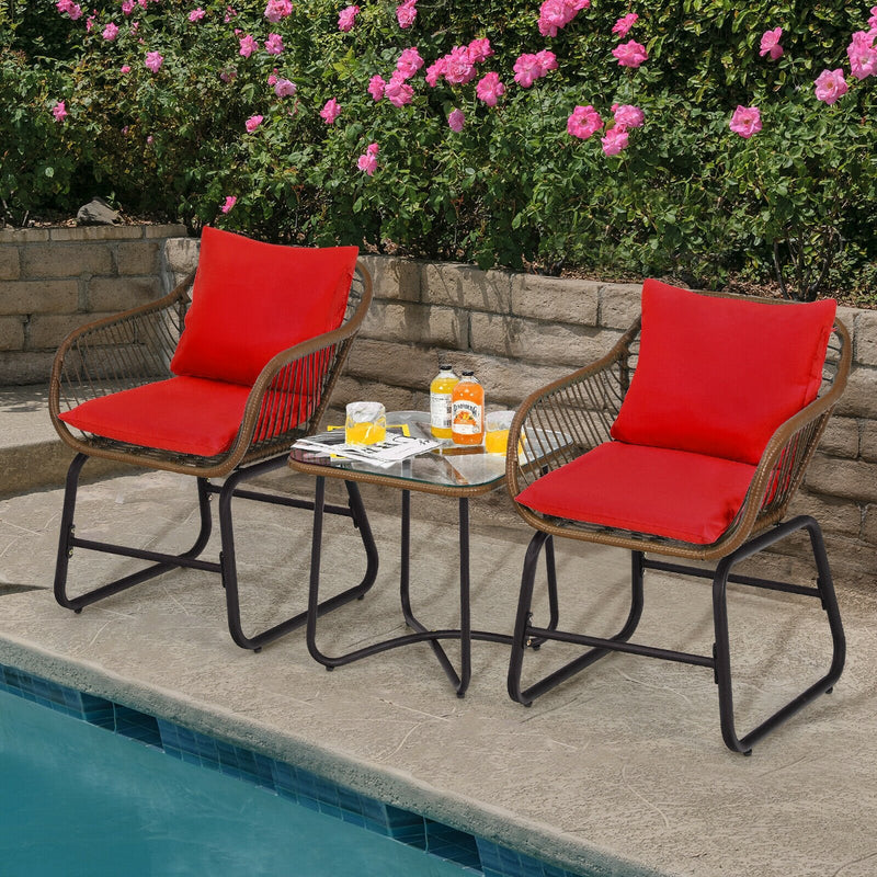 3 Pieces Patio Rattan Bistro Set with Cushions and Glass Table-Red
