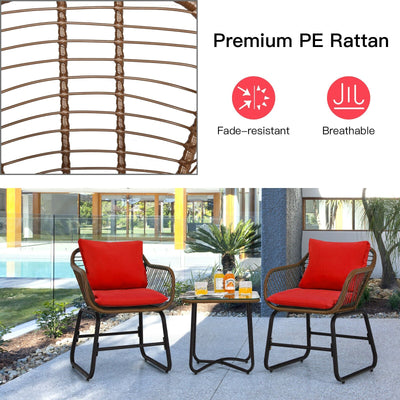3 Pieces Patio Rattan Bistro Set with Cushions and Glass Table-Red