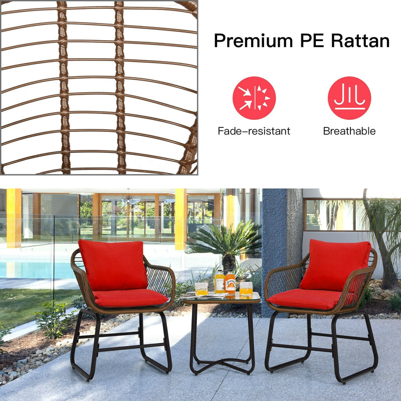 3 Pieces Patio Rattan Bistro Set with Cushions and Glass Table-Red