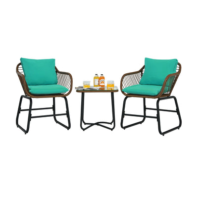 3 Pieces Patio Rattan Bistro Set with Cushions and Glass Table-Turquoise