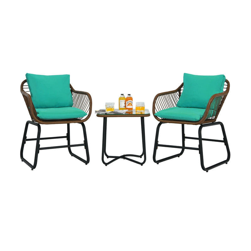 3 Pieces Patio Rattan Bistro Set with Cushions and Glass Table-Turquoise