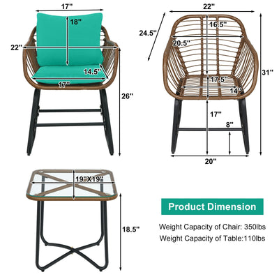 3 Pieces Patio Rattan Bistro Set with Cushions and Glass Table-Turquoise