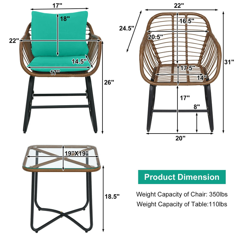 3 Pieces Patio Rattan Bistro Set with Cushions and Glass Table-Turquoise