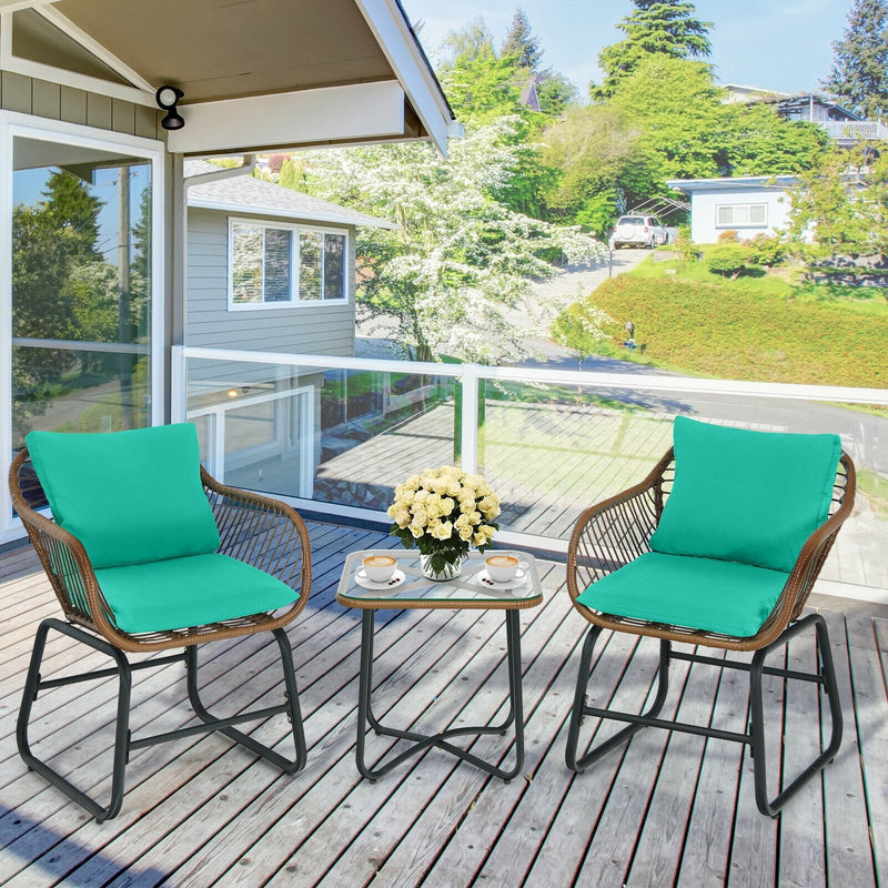 3 Pieces Patio Rattan Bistro Set with Cushions and Glass Table-Turquoise