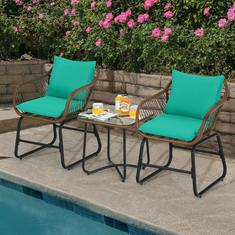 3 Pieces Patio Rattan Bistro Set with Cushions and Glass Table-Turquoise